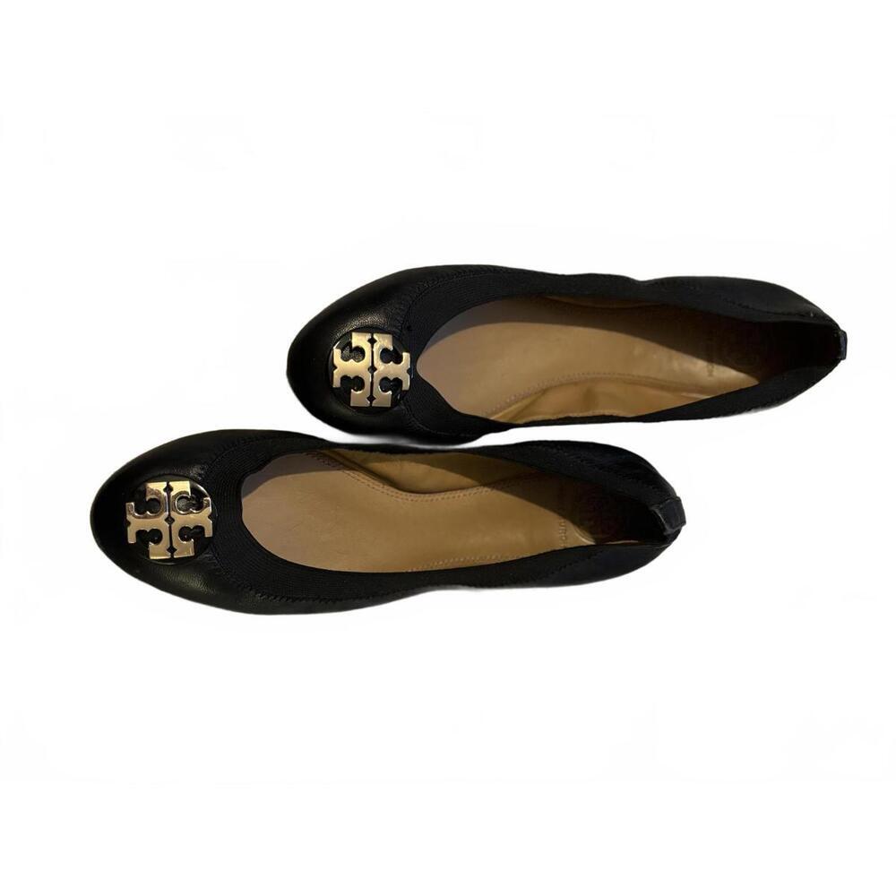 Tory Burch Black Leather Ballet Flats with Logo Accent sz 7 - Picture 2 of 8